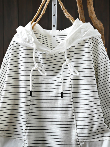Spliced Cotton Shirt Summer Hooded Stripe Casual Women FashionChic