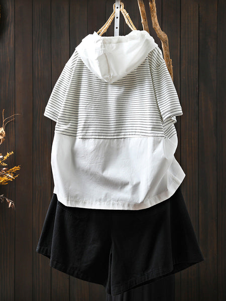 Spliced Cotton Shirt Summer Hooded Stripe Casual Women FashionChic
