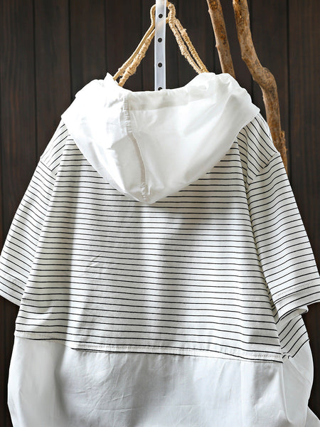 Spliced Cotton Shirt Summer Hooded Stripe Casual Women FashionChic