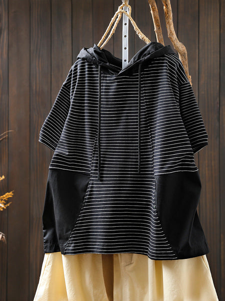Spliced Cotton Shirt Summer Hooded Stripe Casual Women FashionChic
