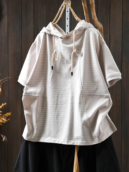 Spliced Cotton Shirt Summer Hooded Stripe Casual Women FashionChic
