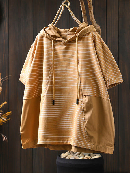 Spliced Cotton Shirt Summer Hooded Stripe Casual Women FashionChic