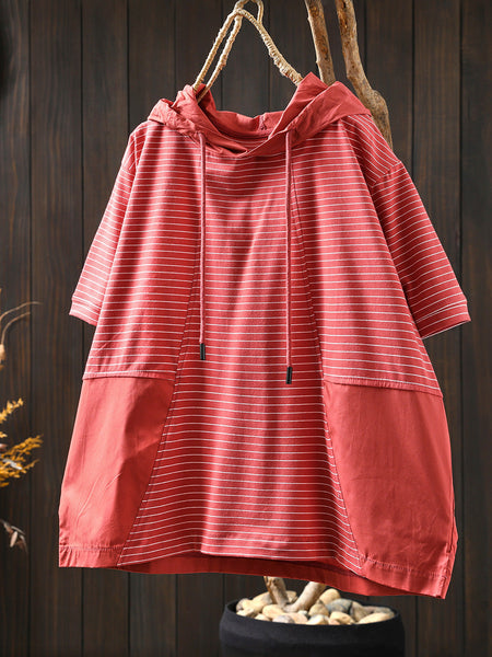 Spliced Cotton Shirt Summer Hooded Stripe Casual Women FashionChic