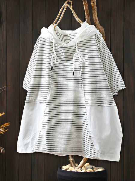 Spliced Cotton Shirt Summer Hooded Stripe Casual Women FashionChic