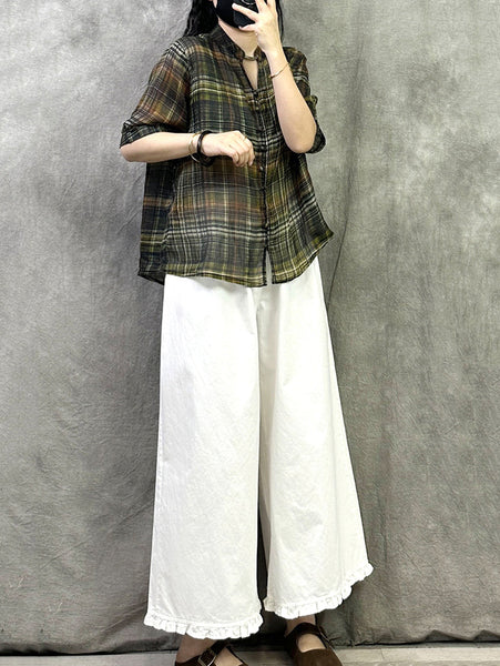 Retro Shirt Women Summer V-Neck Plaid Ramie FashionChic