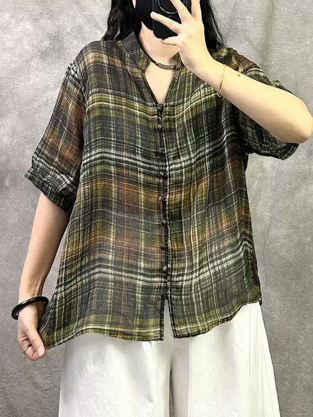 Retro Shirt Women Summer V-Neck Plaid Ramie FashionChic