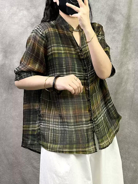 Retro Shirt Women Summer V-Neck Plaid Ramie FashionChic
