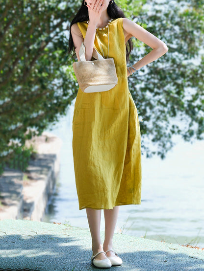 Women Sleeveless Summer 100%Linen Dress O-Neck FashionChic