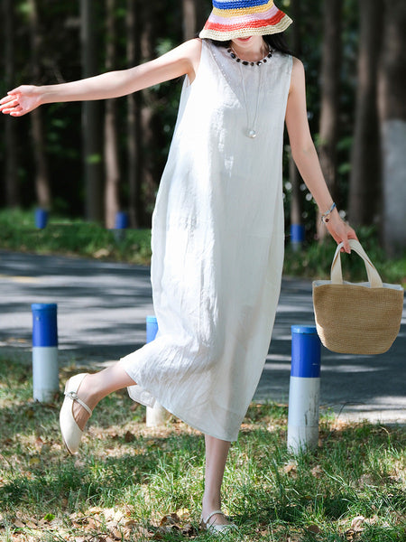 Women Sleeveless Summer 100%Linen Dress O-Neck FashionChic