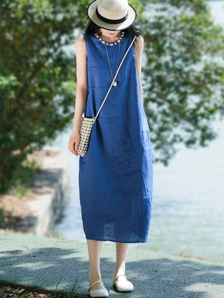 Women Sleeveless Summer 100%Linen Dress O-Neck FashionChic