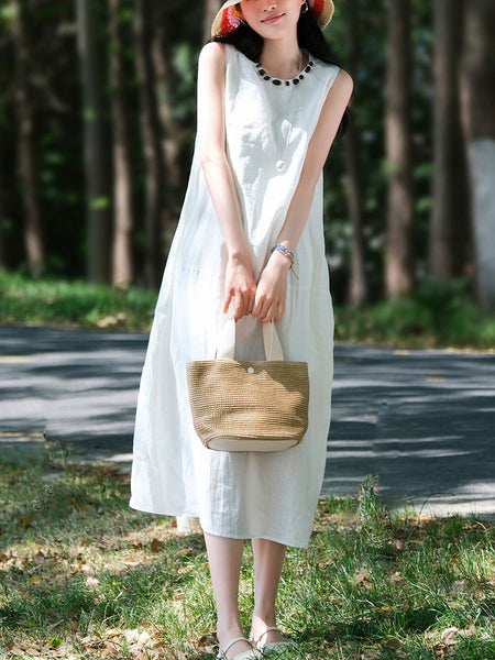 Women Sleeveless Summer 100%Linen Dress O-Neck FashionChic