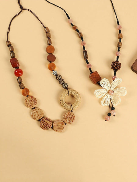 Straw Wooden Women Flower Bead Necklace Artsy FashionChic