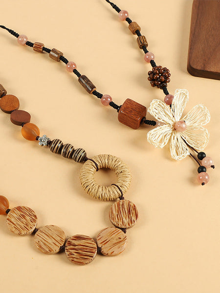 Straw Wooden Women Flower Bead Necklace Artsy FashionChic