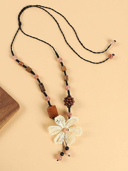 Straw Wooden Women Flower Bead Necklace Artsy FashionChic