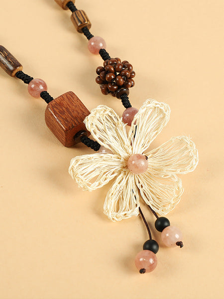 Straw Wooden Women Flower Bead Necklace Artsy FashionChic