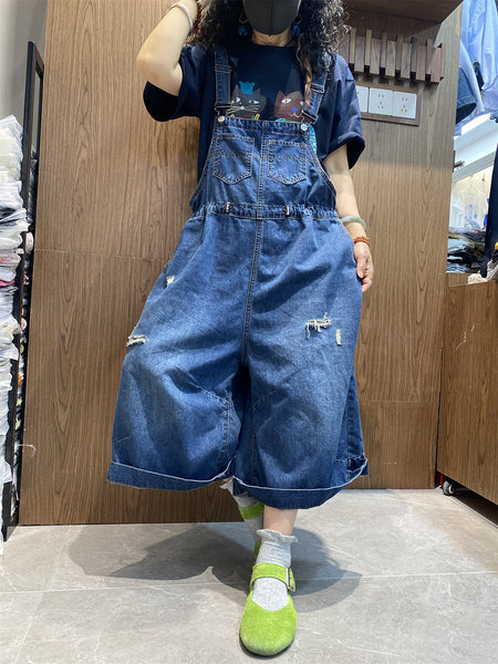 Color Women Retro Summer Jumpsuits Denim Pure Frayed Long FashionChic