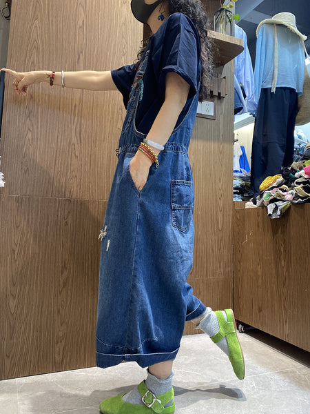 Color Women Retro Summer Jumpsuits Denim Pure Frayed Long FashionChic