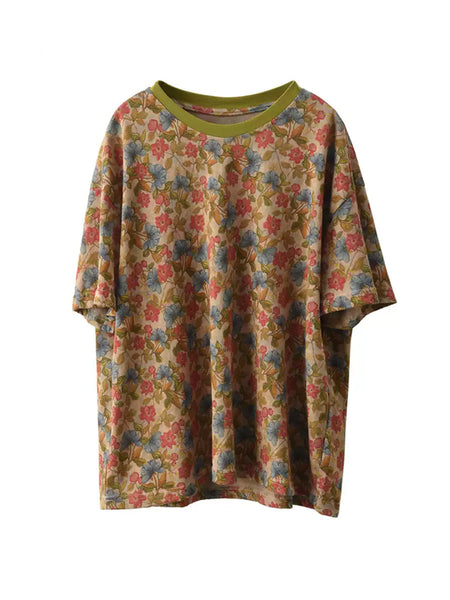 Retro O-Neck 100%Cotton Women Flower Summer Shirt FashionChic