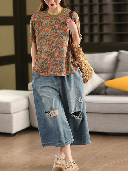 Retro O-Neck 100%Cotton Women Flower Summer Shirt FashionChic