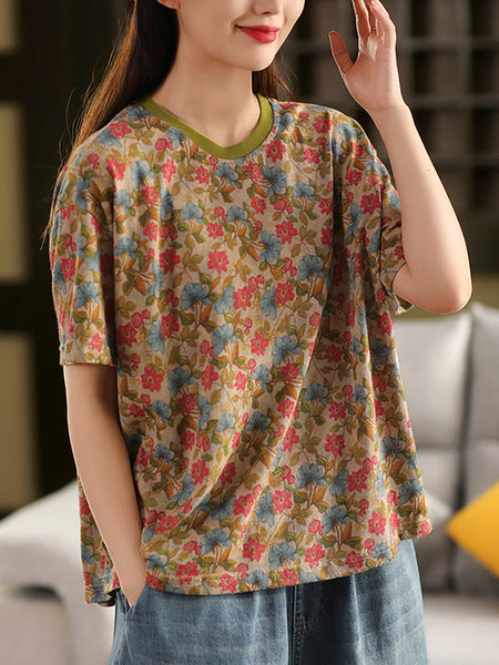 Retro O-Neck 100%Cotton Women Flower Summer Shirt FashionChic