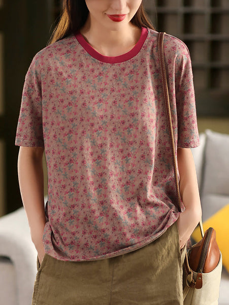 Retro O-Neck 100%Cotton Women Flower Summer Shirt FashionChic