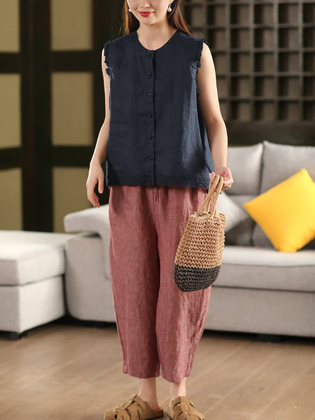 Women Retro Harem Summer Pants 100%Linen Color Pure FashionChic