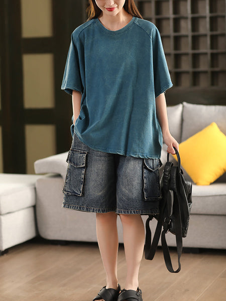 Summer 100%Cotton Women Shirt O-Neck Pure Color Casual FashionChic