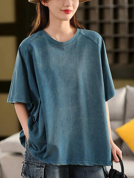 Summer 100%Cotton Women Shirt O-Neck Pure Color Casual FashionChic