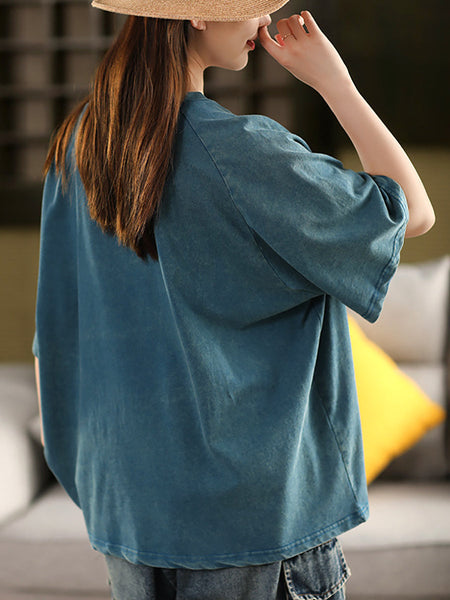 Summer 100%Cotton Women Shirt O-Neck Pure Color Casual FashionChic