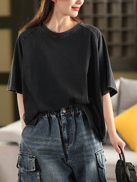 Summer 100%Cotton Women Shirt O-Neck Pure Color Casual FashionChic