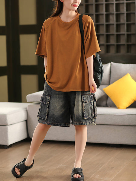Summer 100%Cotton Women Shirt O-Neck Pure Color Casual FashionChic