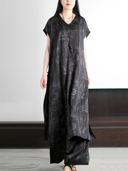 Vintage Summer Suits Flower Loose V-Neck Women FashionChic