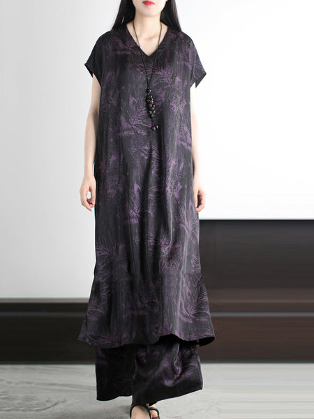 Vintage Summer Suits Flower Loose V-Neck Women FashionChic