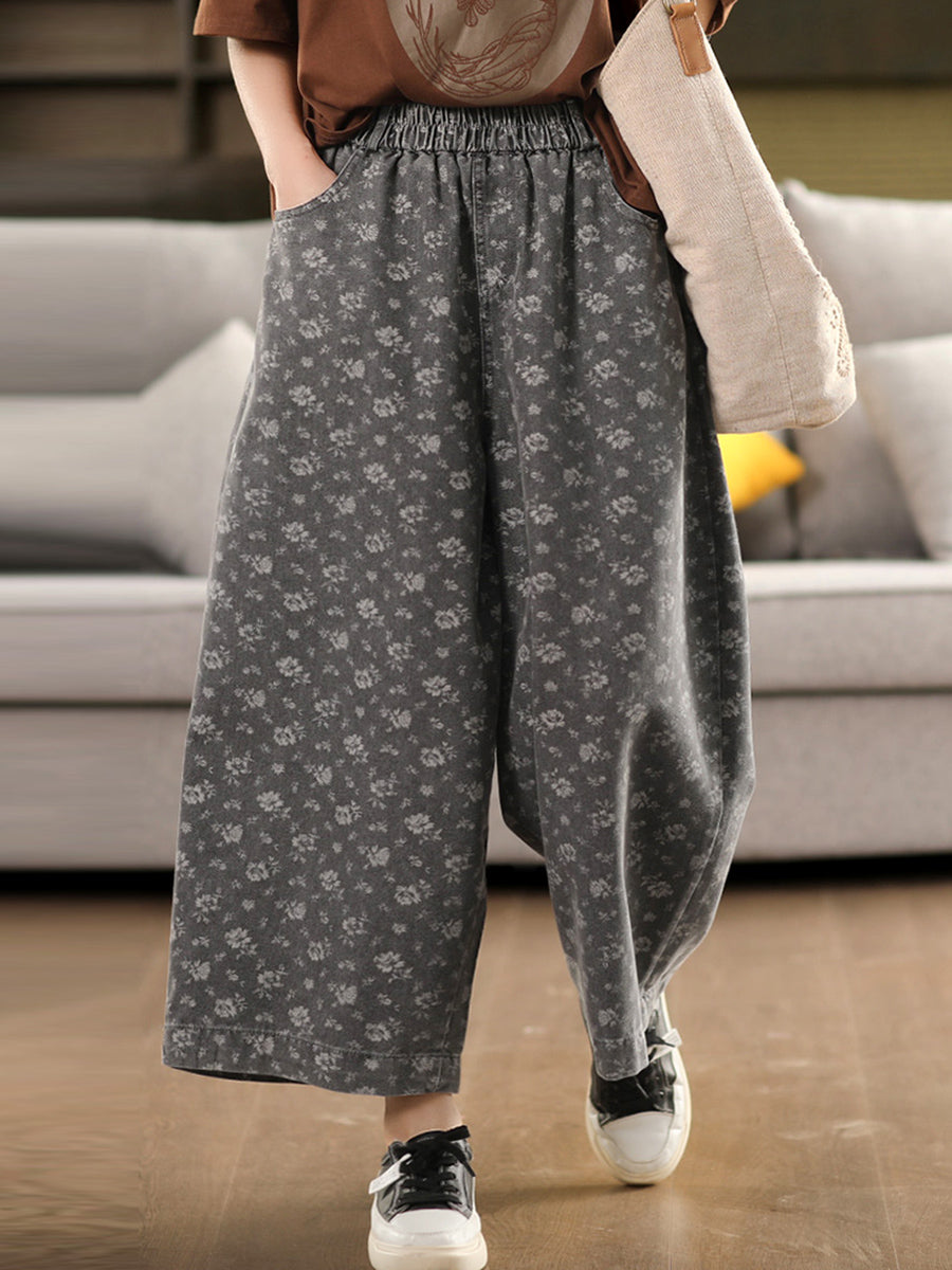 Worn Denim Wide-leg Floral Women Loose Pants FashionChic