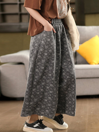 Worn Denim Wide-leg Floral Women Loose Pants FashionChic