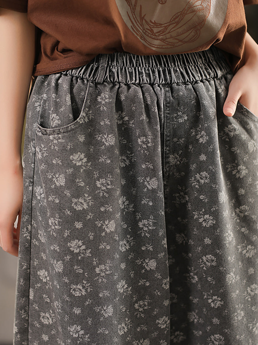 Worn Denim Wide-leg Floral Women Loose Pants FashionChic