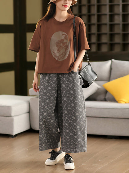Worn Denim Wide-leg Floral Women Loose Pants FashionChic