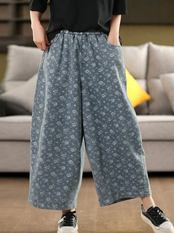 Worn Denim Wide-leg Floral Women Loose Pants FashionChic