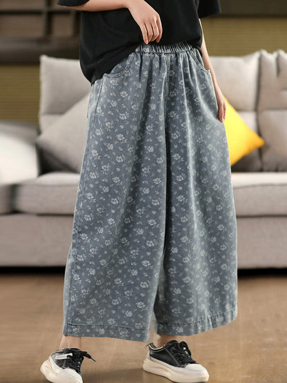 Worn Denim Wide-leg Floral Women Loose Pants FashionChic