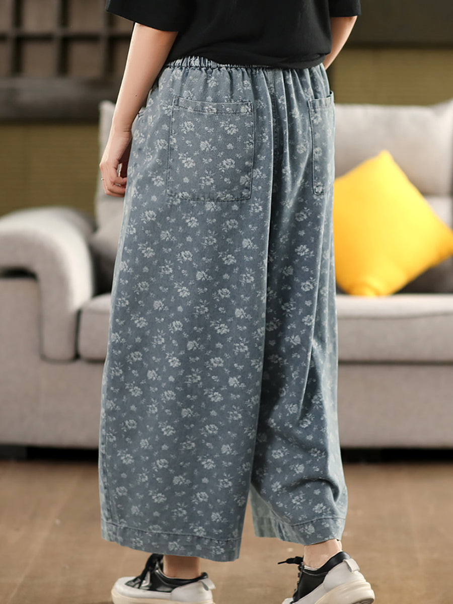 Worn Denim Wide-leg Floral Women Loose Pants FashionChic
