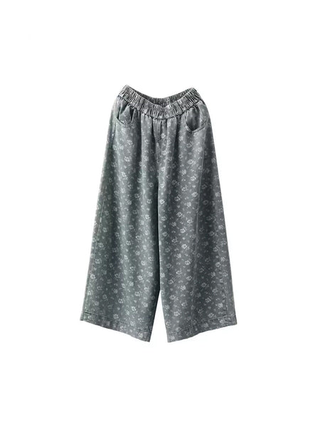 Worn Denim Wide-leg Floral Women Loose Pants FashionChic