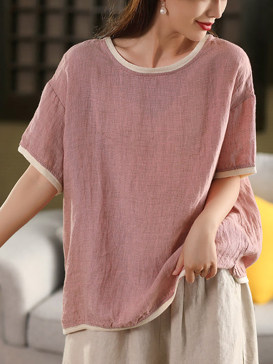 Plaid O-Neck Artsy 100%Hemp Summer Shirt Colorblock Women FashionChic