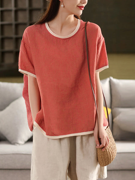 Plaid O-Neck Artsy 100%Hemp Summer Shirt Colorblock Women FashionChic