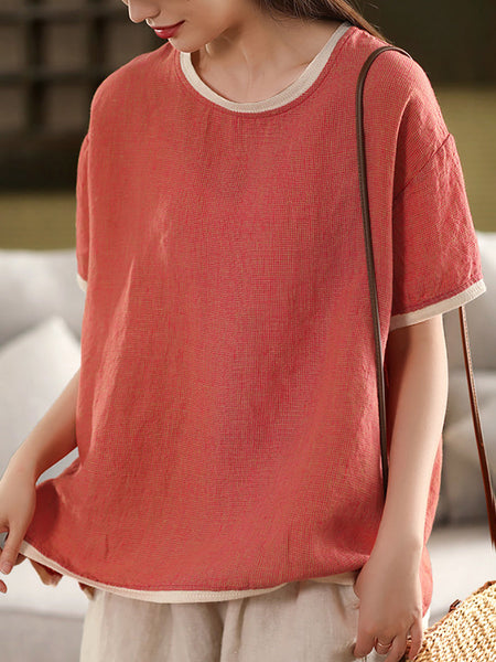 Plaid O-Neck Artsy 100%Hemp Summer Shirt Colorblock Women FashionChic