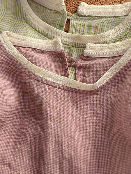 Plaid O-Neck Artsy 100%Hemp Summer Shirt Colorblock Women FashionChic