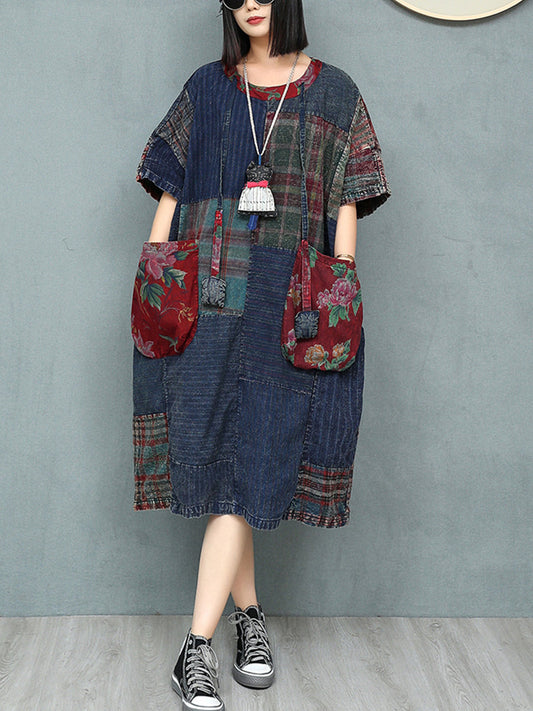 Patchwork Cotton Women Summer Retro O-Neck Dress FashionChic
