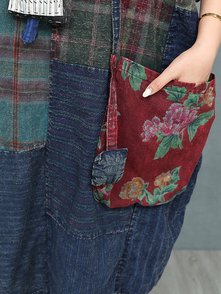 Patchwork Cotton Women Summer Retro O-Neck Dress FashionChic