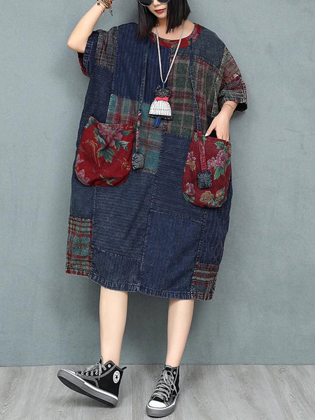 Patchwork Cotton Women Summer Retro O-Neck Dress FashionChic