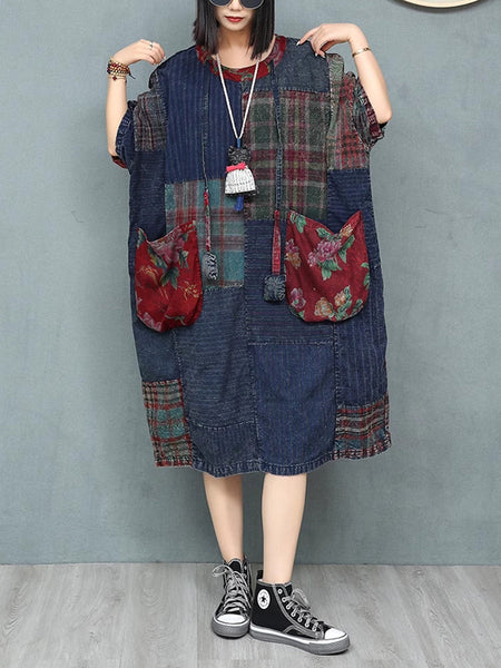 Patchwork Cotton Women Summer Retro O-Neck Dress FashionChic