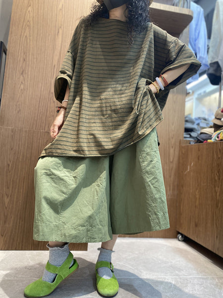 Cotton Shirt O-Neck Stripe Summer Casual Women FashionChic